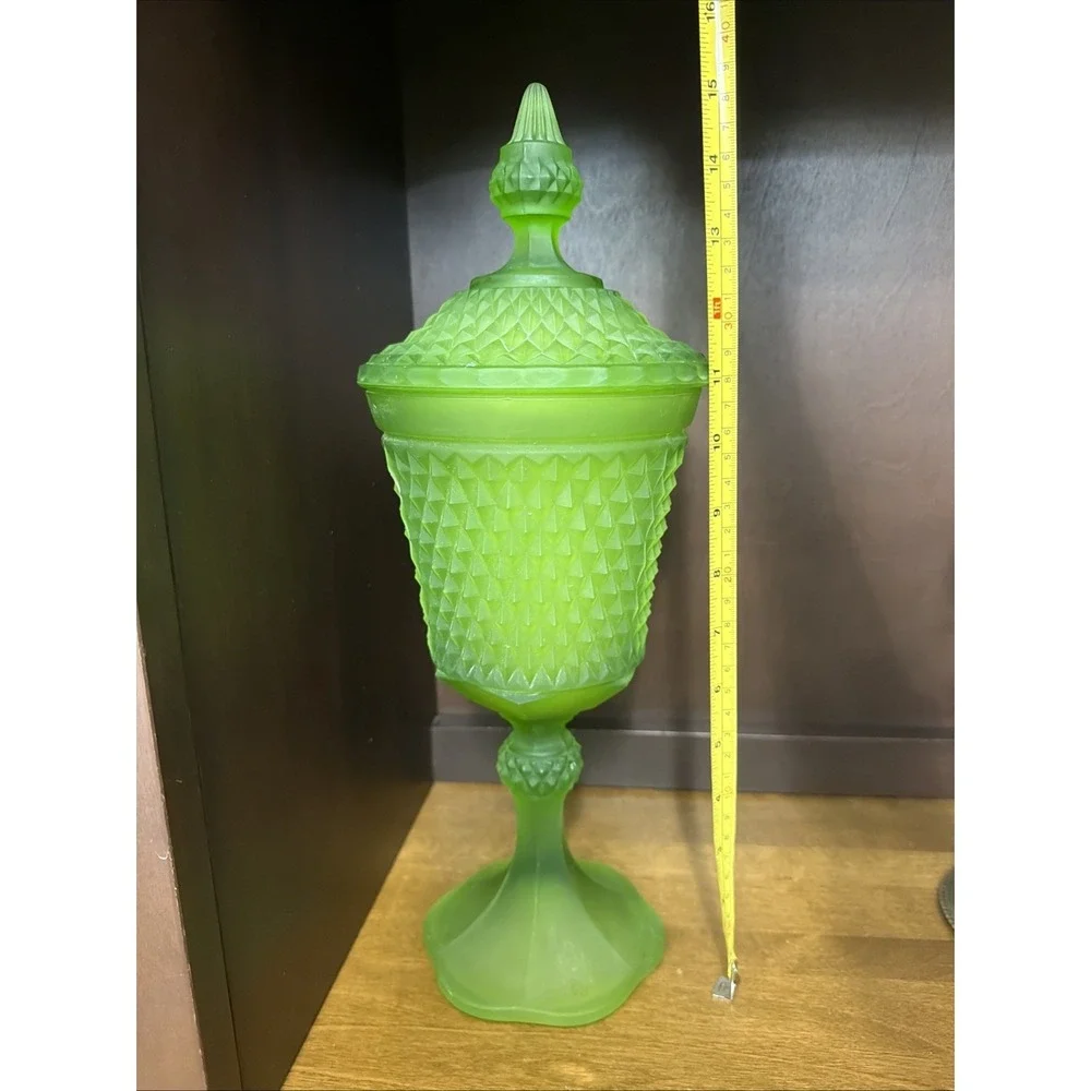 Indiana Glass Candy Dish Covered 16 Inch Diamond Point Celery Lime Green VTG